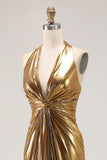 Gold Halter Metallic Ruched Backless Maxi Formal Dress with Slit