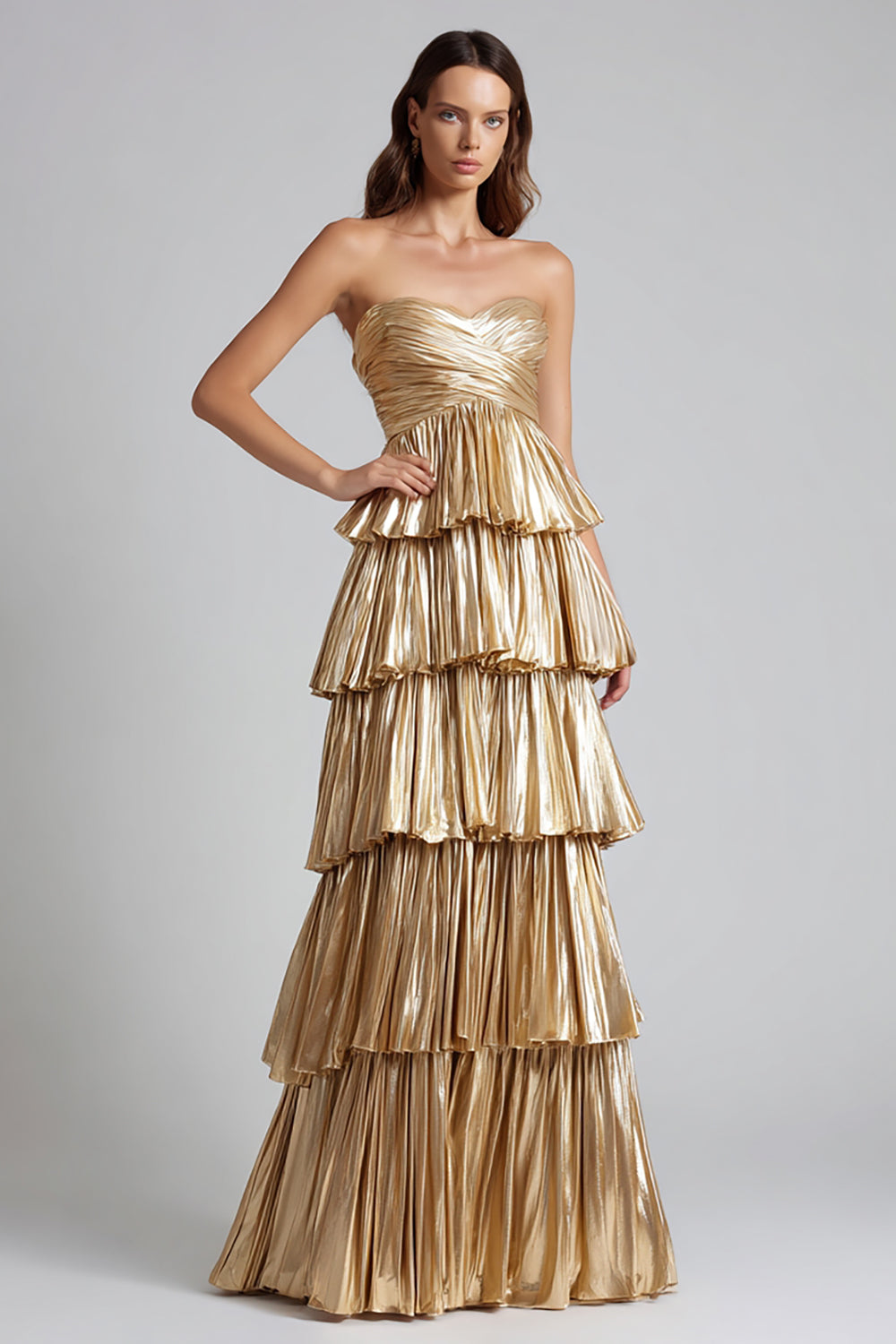 Gold Sweetheart Metallic Pleated Ruffled Maxi Formal Dress