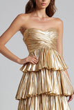 Gold Sweetheart Metallic Pleated Ruffled Maxi Formal Dress