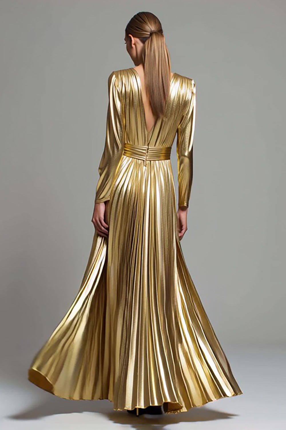 Gold Metallic V-Neck A Line Pleated Long Formal Dress with Sleeves