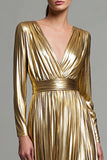 Gold Metallic V-Neck A Line Pleated Long Formal Dress with Sleeves