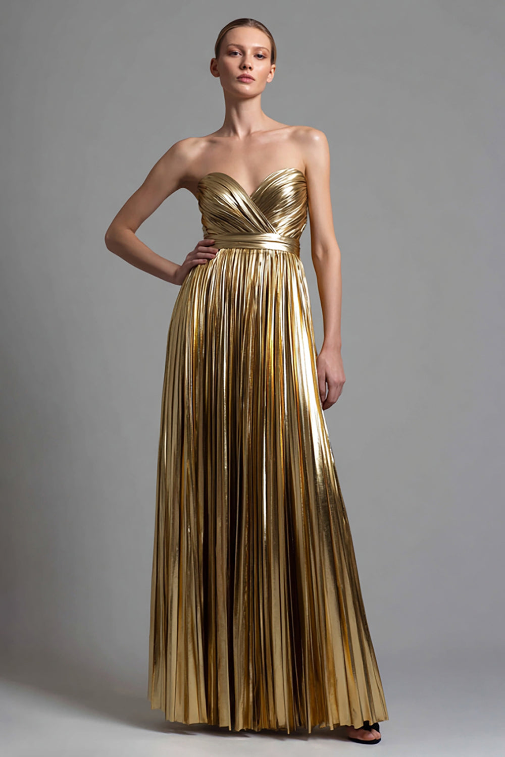 Gold Sweetheart Metallic Pleated A Line Maxi Formal Dress
