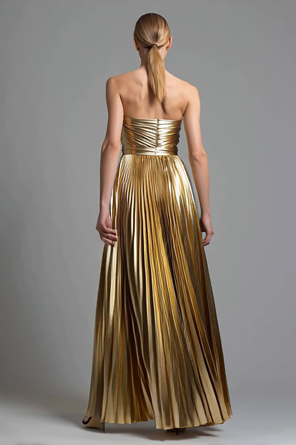 Gold Sweetheart Metallic Pleated A Line Maxi Formal Dress