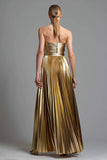 Gold Sweetheart Metallic Pleated A Line Maxi Formal Dress
