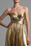 Gold Sweetheart Metallic Pleated A Line Maxi Formal Dress