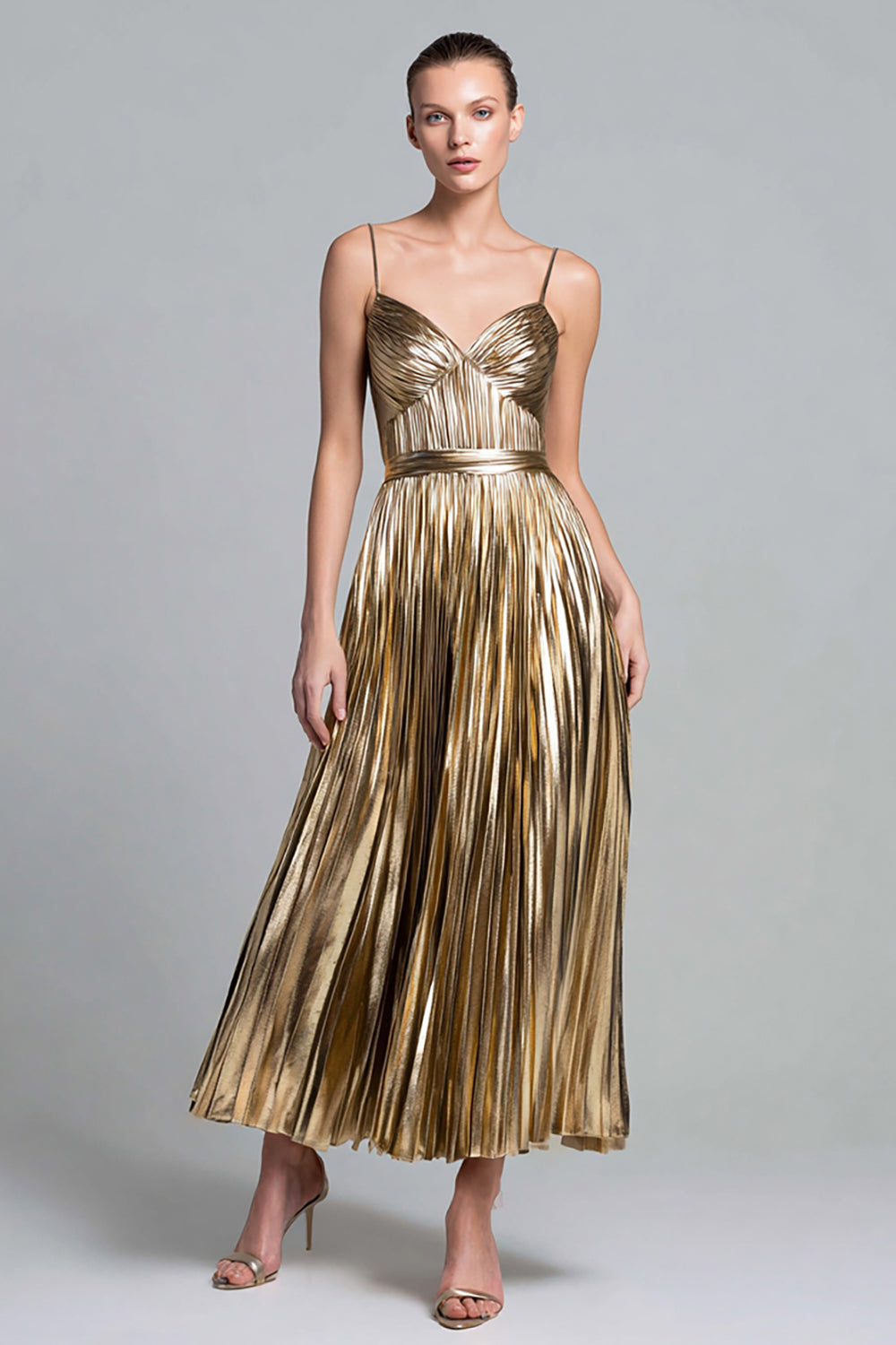 Gold Metallic Pleated A Line Spaghetti Straps Long Formal Dress