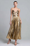 Gold Metallic Pleated A Line Spaghetti Straps Long Formal Dress