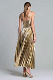 Gold Metallic Pleated A Line Spaghetti Straps Long Formal Dress