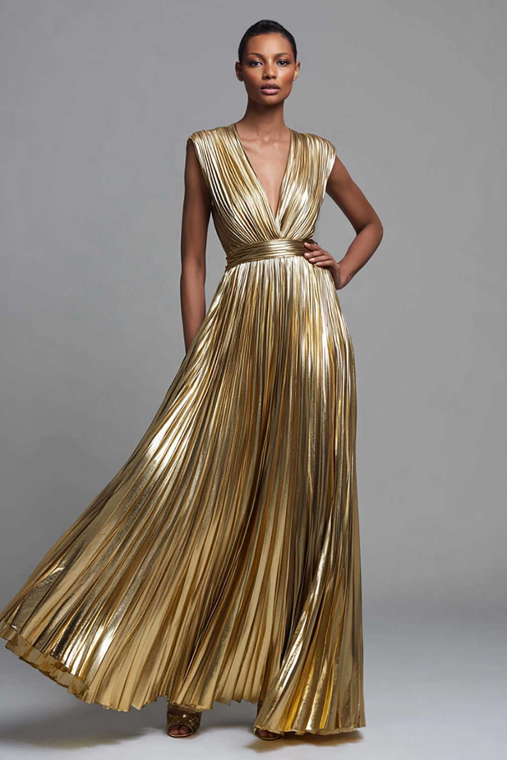 Gold Deep V-Neck A Line Metallic Pleated Long Formal Dress