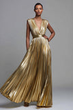 Gold Deep V-Neck A Line Metallic Pleated Long Formal Dress