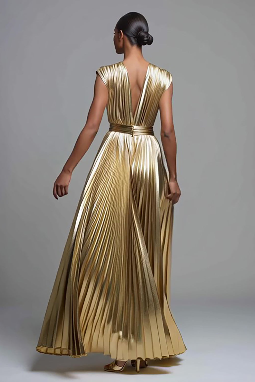 Gold Deep V-Neck A Line Metallic Pleated Long Formal Dress