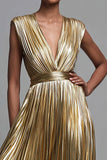 Gold Deep V-Neck A Line Metallic Pleated Long Formal Dress