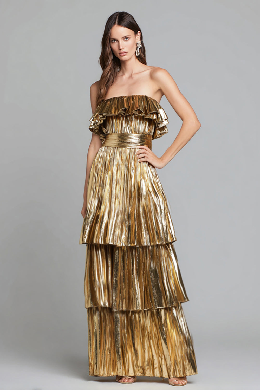 Gold Metallic Tiered Ruffled A Line Maxi Formal Dress