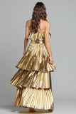 Gold Metallic Tiered Ruffled A Line Maxi Formal Dress