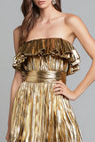 Gold Metallic Tiered Ruffled A Line Maxi Formal Dress