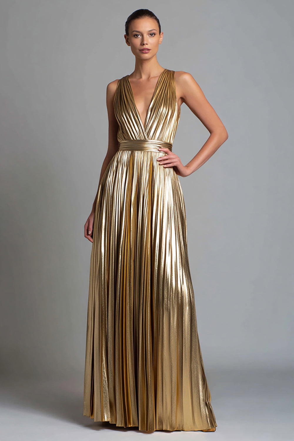 Gold V-Neck A Line Metallic Pleated Long Formal Dress