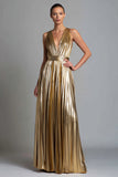 Gold V-Neck A Line Metallic Pleated Long Formal Dress