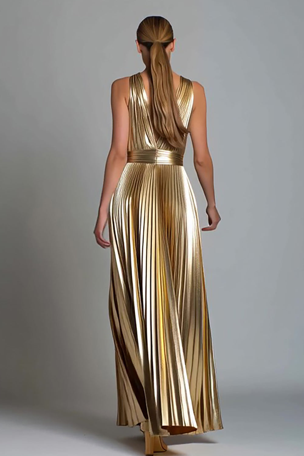 Gold V-Neck A Line Metallic Pleated Long Formal Dress