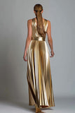 Gold V-Neck A Line Metallic Pleated Long Formal Dress