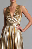 Gold V-Neck A Line Metallic Pleated Long Formal Dress