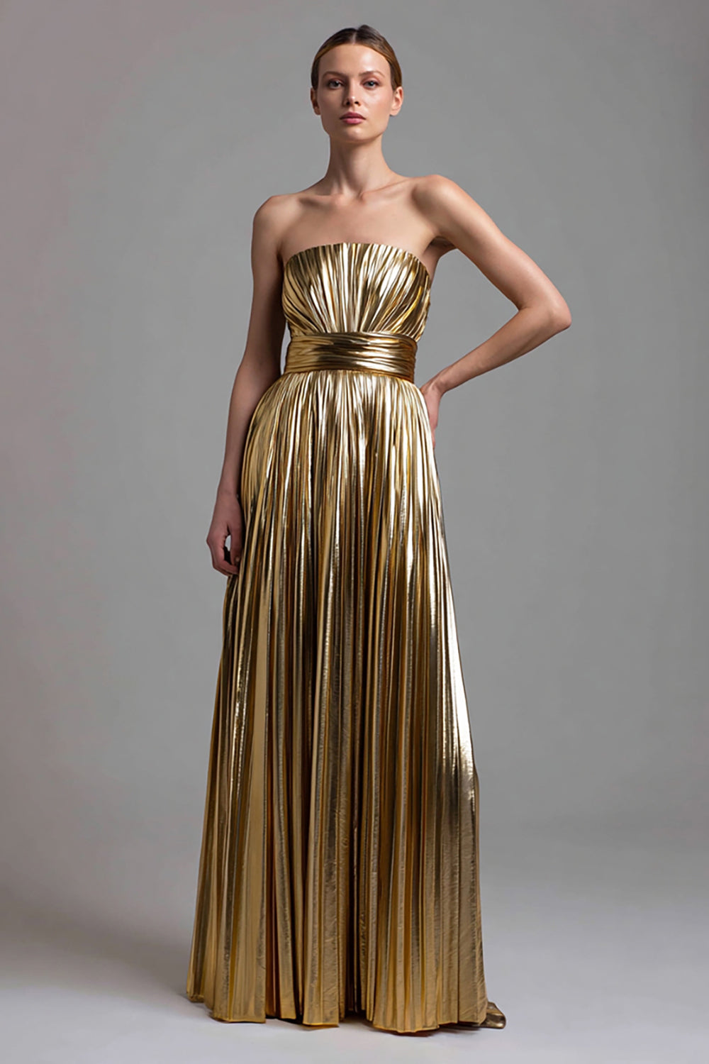 Gold Strapless A Line Metallic Pleated Long Formal Dress