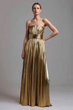 Gold Strapless A Line Metallic Pleated Long Formal Dress
