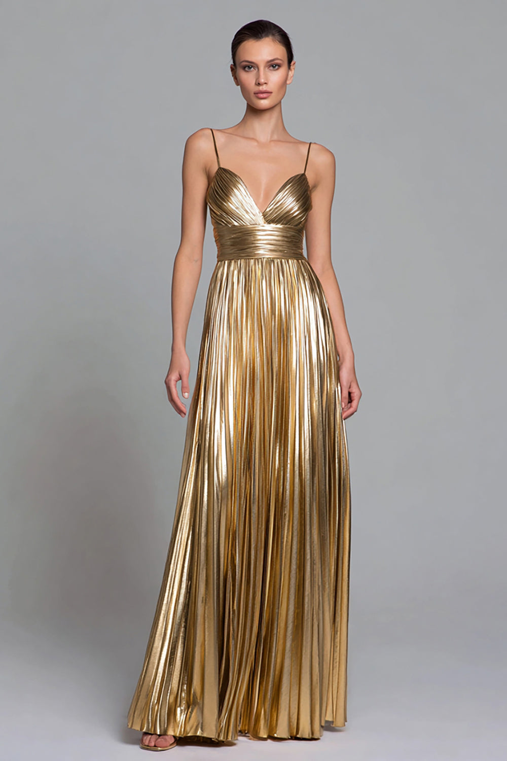 Gold Metallic A Line Pleated Spaghetti Straps Maxi Formal Dress
