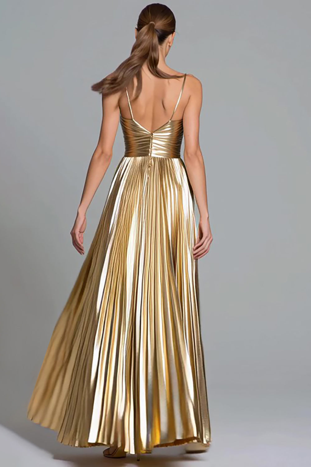 Gold Metallic A Line Pleated Spaghetti Straps Maxi Formal Dress