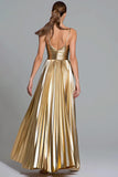 Gold Metallic A Line Pleated Spaghetti Straps Maxi Formal Dress