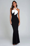 Black and White Mermaid Satin Maxi Formal Dress with Bow