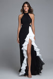 Black and White Halter Long Cut Out Formal Dress with Ruffles