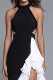 Black and White Halter Long Cut Out Formal Dress with Ruffles