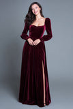 Burgundy Velvet A Line Maxi Holiday Party Dress with Slit