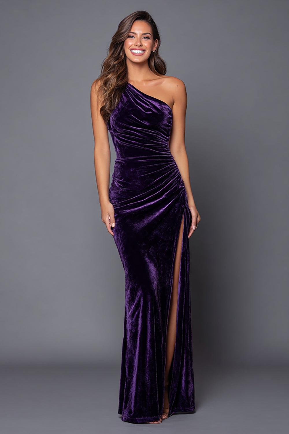 Plum Mermaid Velvet One Shoulder Long Holiday Party Dress with Slit