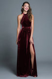 Burgundy A Line Velvet Halter Maxi Holiday Party Dress with Slit