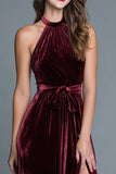 Burgundy A Line Velvet Halter Maxi Holiday Party Dress with Slit