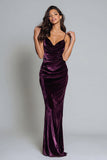 Plum Velvet Spaghetti Straps Mermaid Maxi Holiday Party Dress