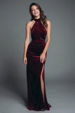 Burgundy Mermaid Halter Velvet Ruched Maxi Holiday Party Dress with Slit