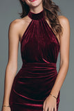 Burgundy Mermaid Halter Velvet Ruched Maxi Holiday Party Dress with Slit