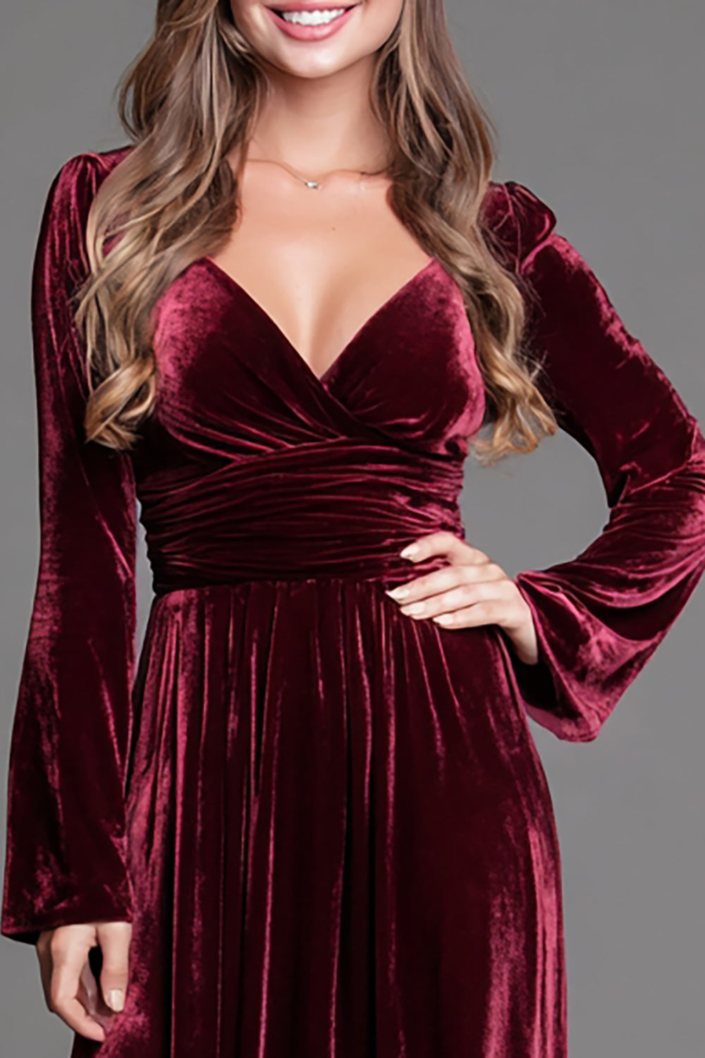 Dark Green Velvet A Line V-Neck Long Holiday Party Dress with Sleeves