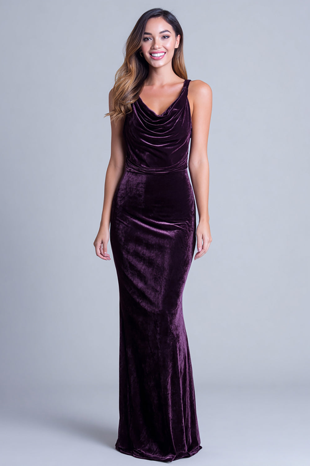 Plum Mermaid Cowl Neck Velvet Long Holiday Party Dress