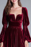 Burgundy Velvet A Line Puff Sleeves Maxi Holiday Party Dress with Slit