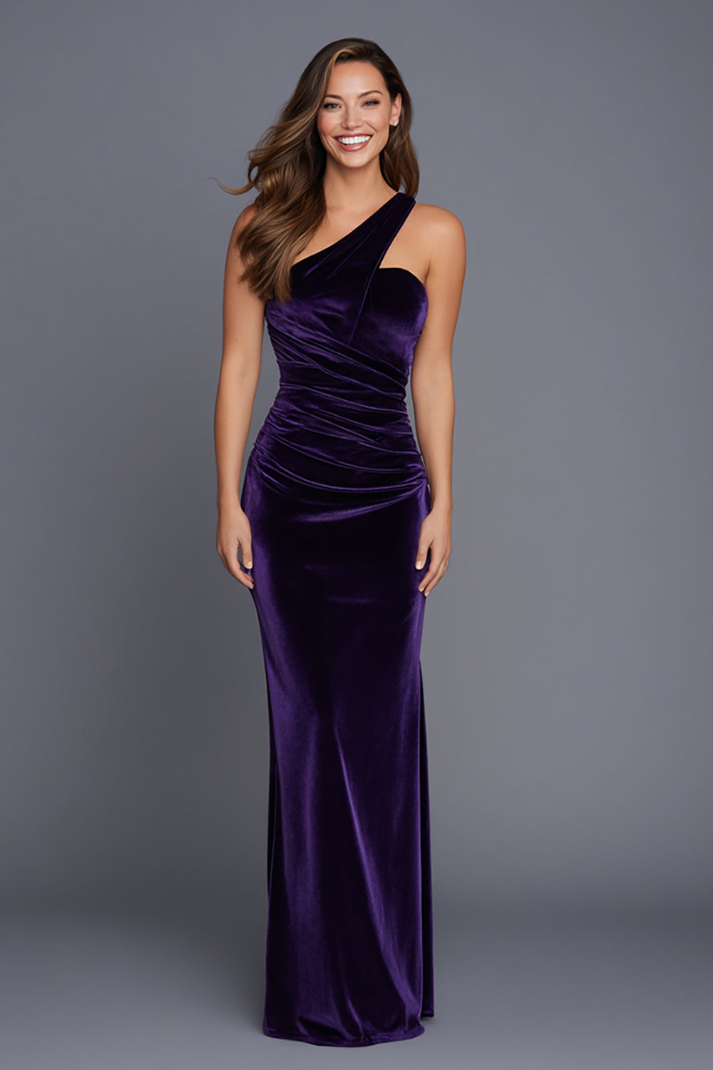 Plum Mermaid Velvet One Shoulder Ruched Long Holiday Party Dress