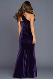 Plum Mermaid Velvet One Shoulder Ruched Long Holiday Party Dress