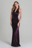 Plum Halter Velvet Mermaid Ruched Long Holiday Party Dress