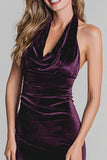 Plum Halter Velvet Mermaid Ruched Long Holiday Party Dress