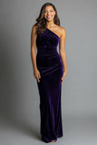 Plum Mermaid Velvet One Shoulder Ruched Long Holiday Party Dress