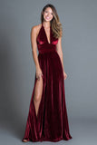 Burgundy Velvet Halter A Line Maxi Holiday Party Dress with Slit