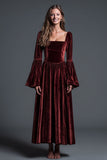 Burgundy A Line Velvet Long Sleeves Ankle Length Holiday Party Dress