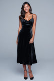 Black Velvet Spaghetti Straps A Line Tea Length Holiday Party Dress